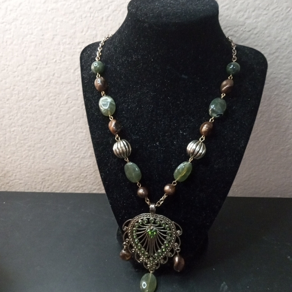 GORGEOUS Art Karat Agate & Beads 9" Drop with Filigree Pendant Boho Necklace - Picture 5 of 6